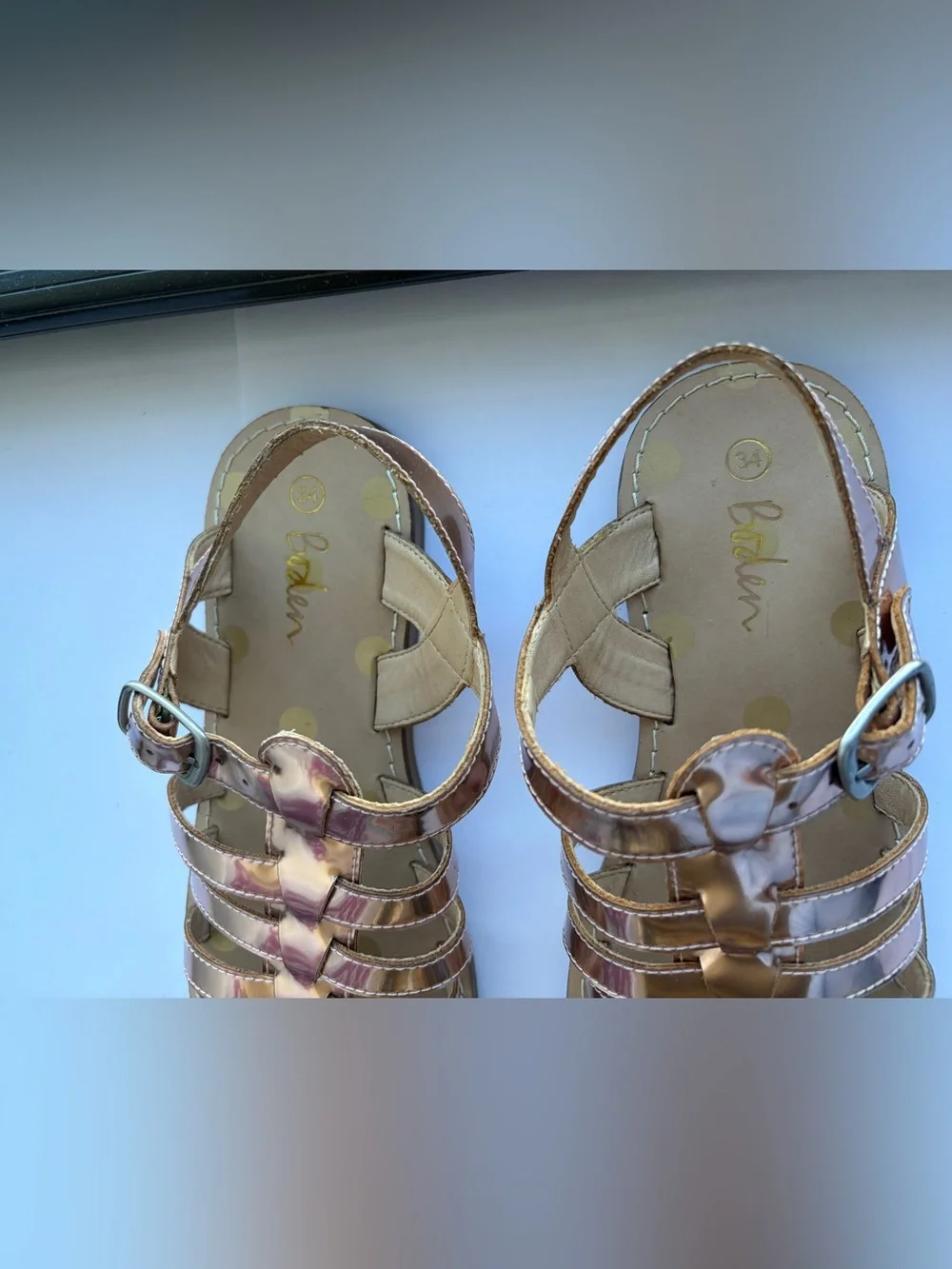 Mini Boden Girls Metallic Shiny Rose Gold Gladiator Sandals with Buckle